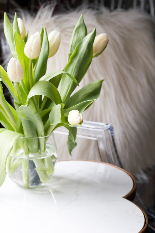 Closet makeover: sitting area with tulips