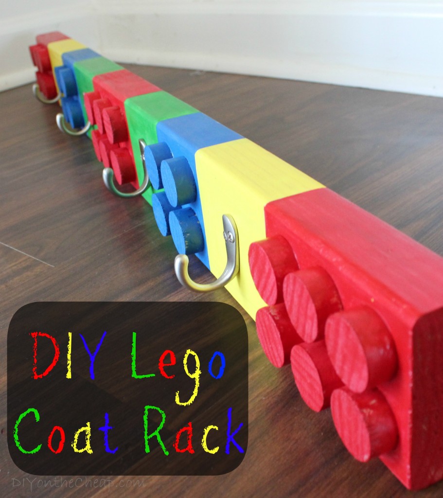 Make a DIY Lego Coat Rack! Tutorial via DIYontheCheap.com.