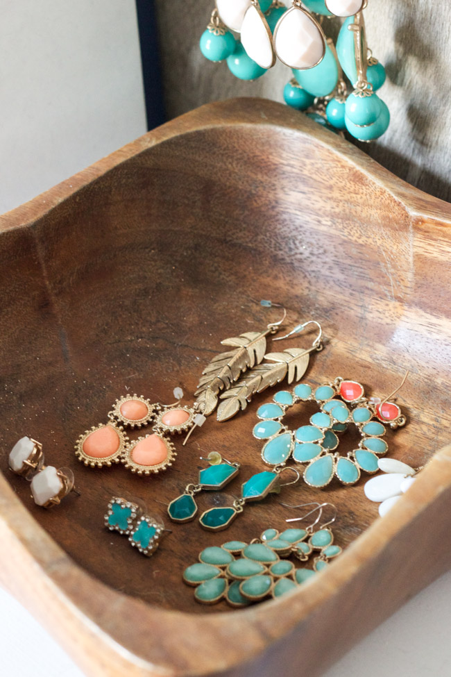Closet makeover: earrings in a thrifted wooden bowl