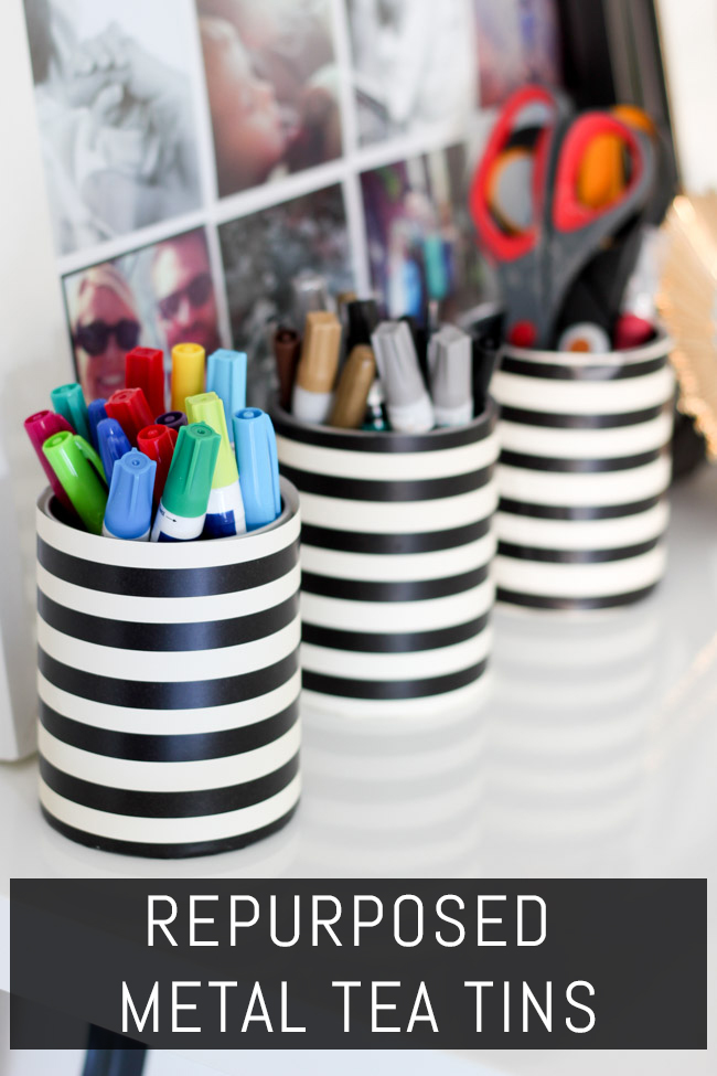 Repurposed metal tea tins become cute office storage containers! Check out this tutorial as part of the Styled X3 series.